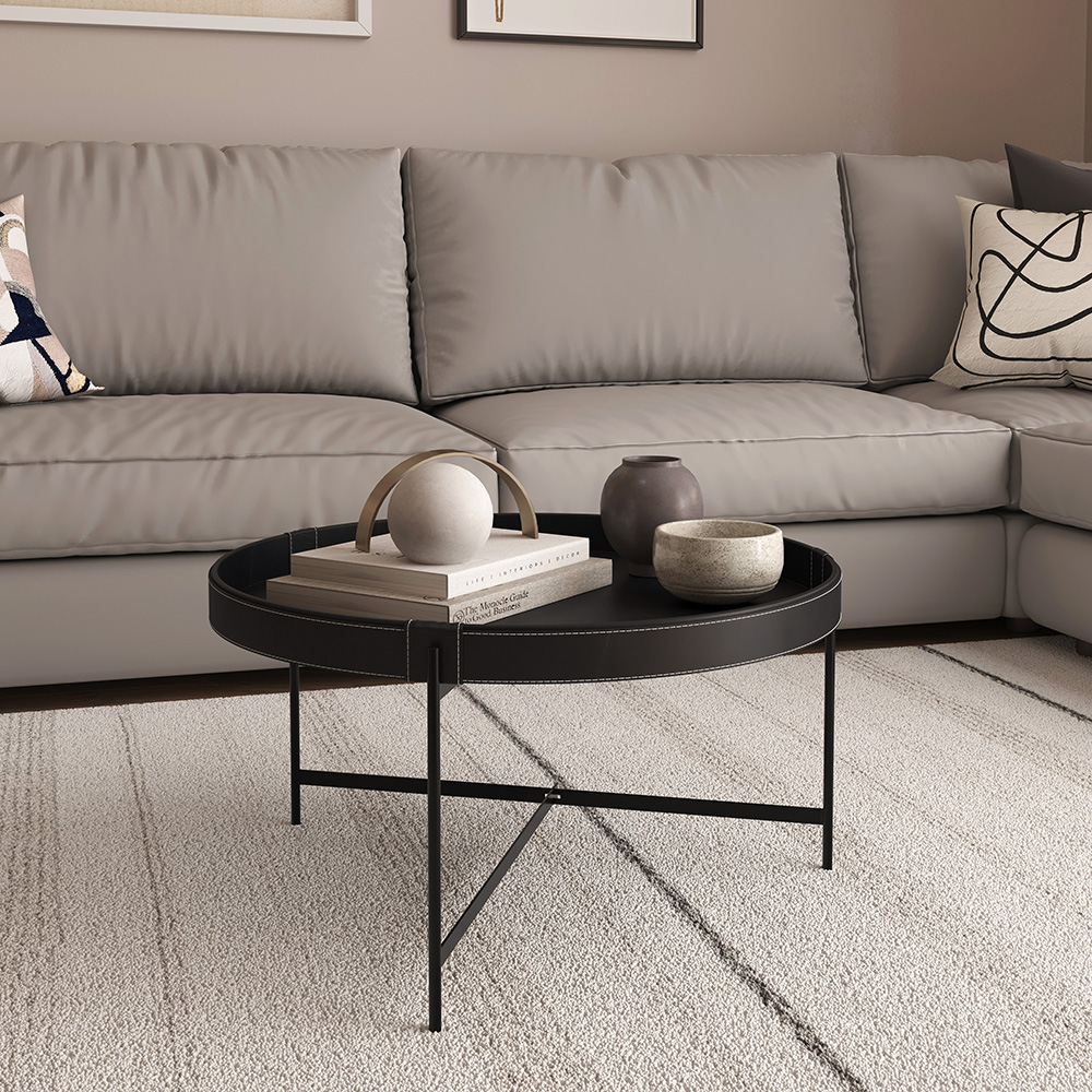 Mesa De Centro Redonda Em Couro Décor 700 Preta