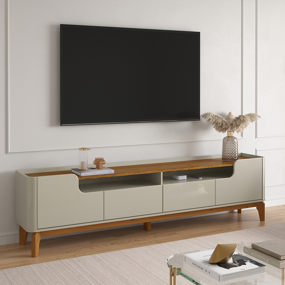 Rack Flip 1,60 Canto Curvo Com Pés de Madeira Maciça Off White/Cumaru