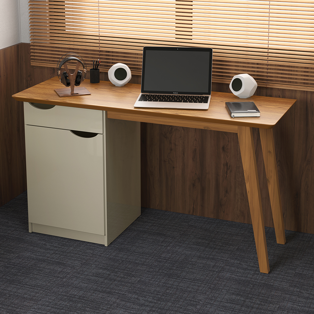 Escrivaninha Com Pés De Madeira Maciça Prism Off White/Cumaru