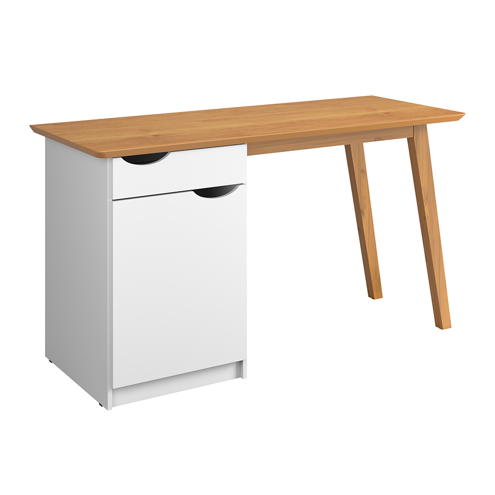 Escrivaninha Com Pés De Madeira Maciça Prism Branco Acetinado/Cinamomo