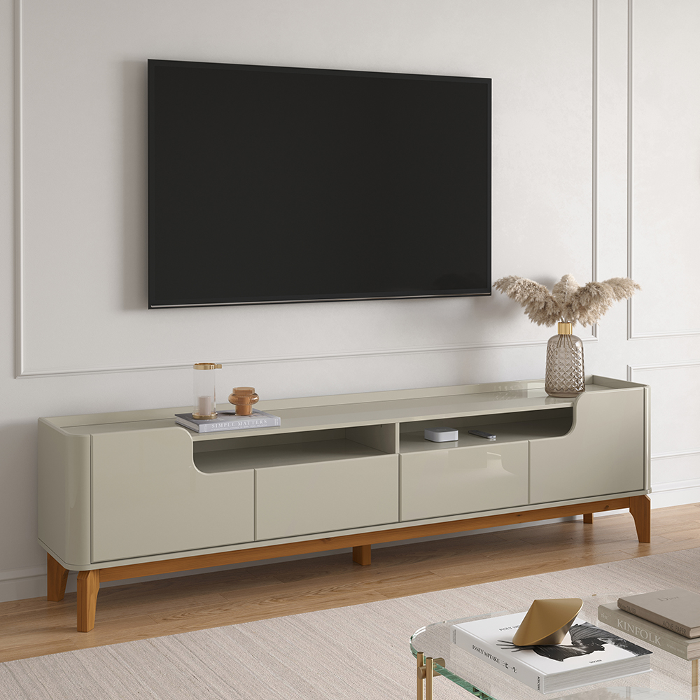 Rack Flip 1,80 Canto Curvo Com Pés de Madeira Maciça Off White