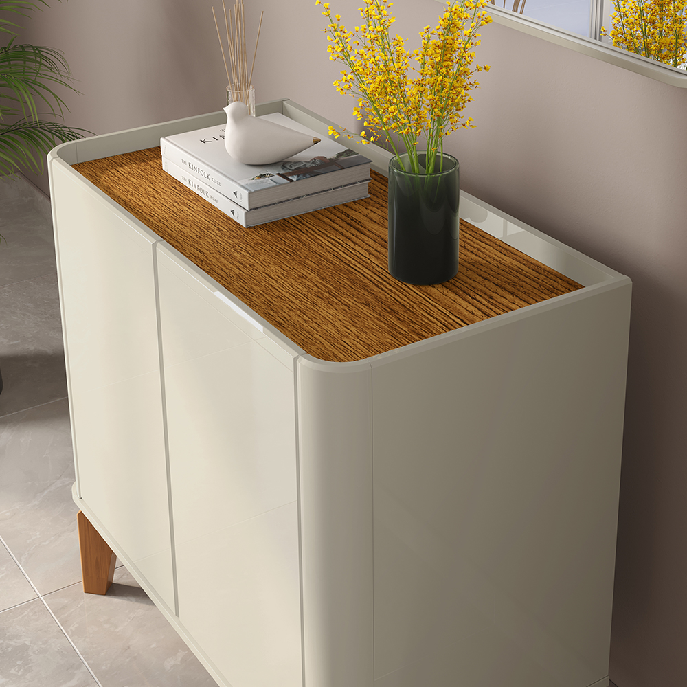 Buffet 2 Portas Flip com Pés De Madeira Maciça Off White/Cumaru