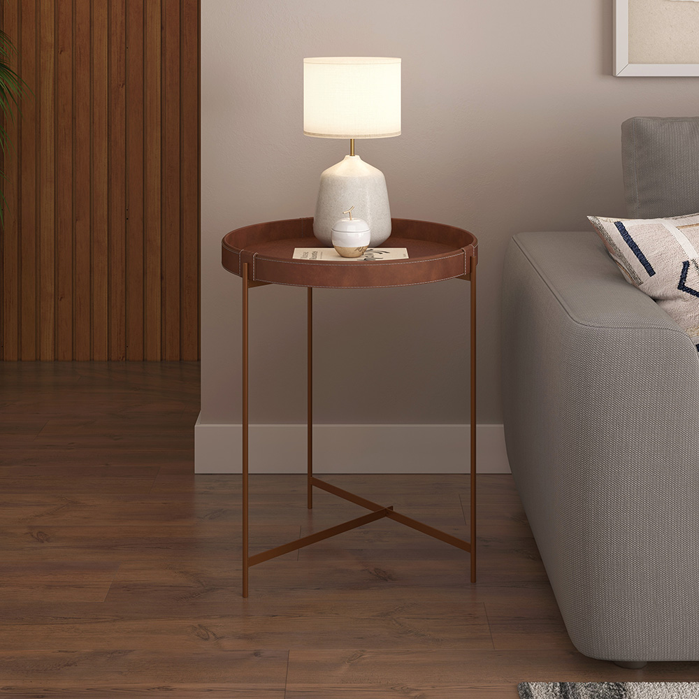 Mesa Lateral Redonda Em Couro Décor 560 Whisky