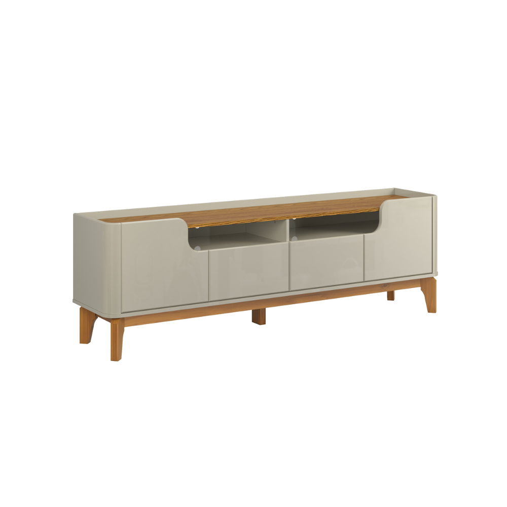 Rack Flip 1,60 Canto Curvo Com Pés de Madeira Maciça Off White/Cumaru