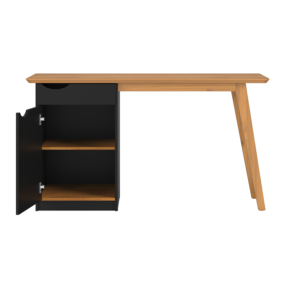 Escrivaninha Com Pés De Madeira Maciça Prism Preto Acetinado/Cinamomo