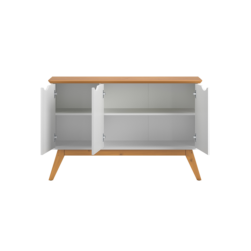 Buffet 4 Portas e Pés de Madeira Maciça Prism Branco Acetinado/Cinamomo
