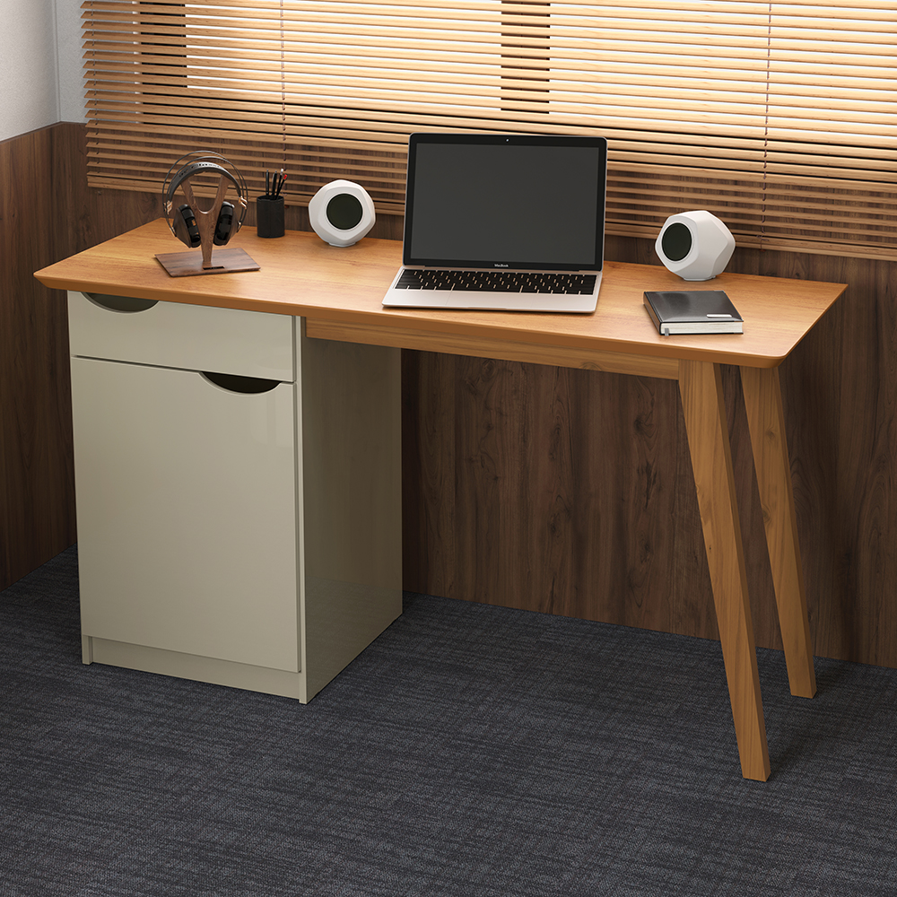 Escrivaninha Com Pés De Madeira Maciça Prism Off White/Cinamomo