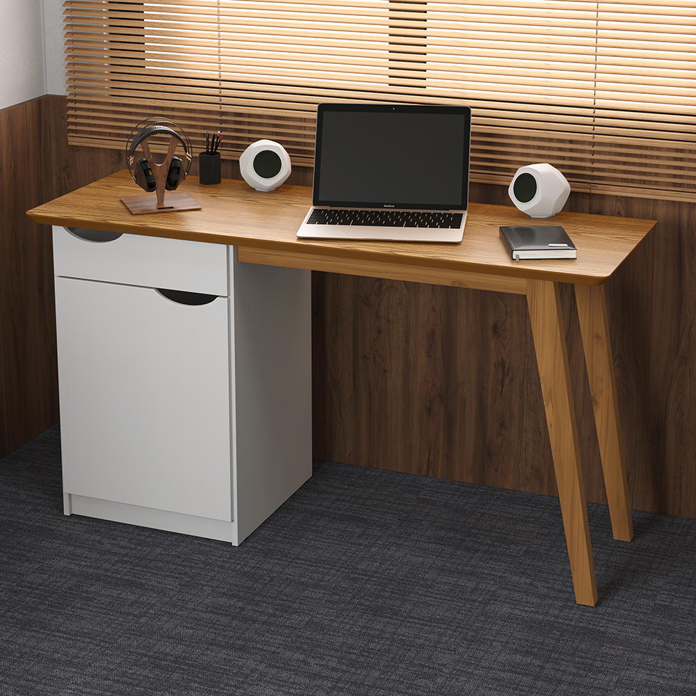 Escrivaninha Com Pés De Madeira Maciça Prism Branco Acetinado/Cumaru