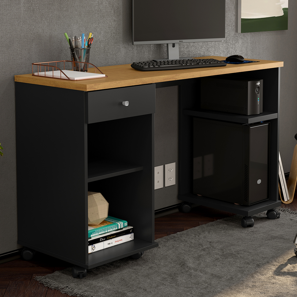 Mesa Computador Com Gaveta e Rodizios Million PretoAcetinado/Cinamomo