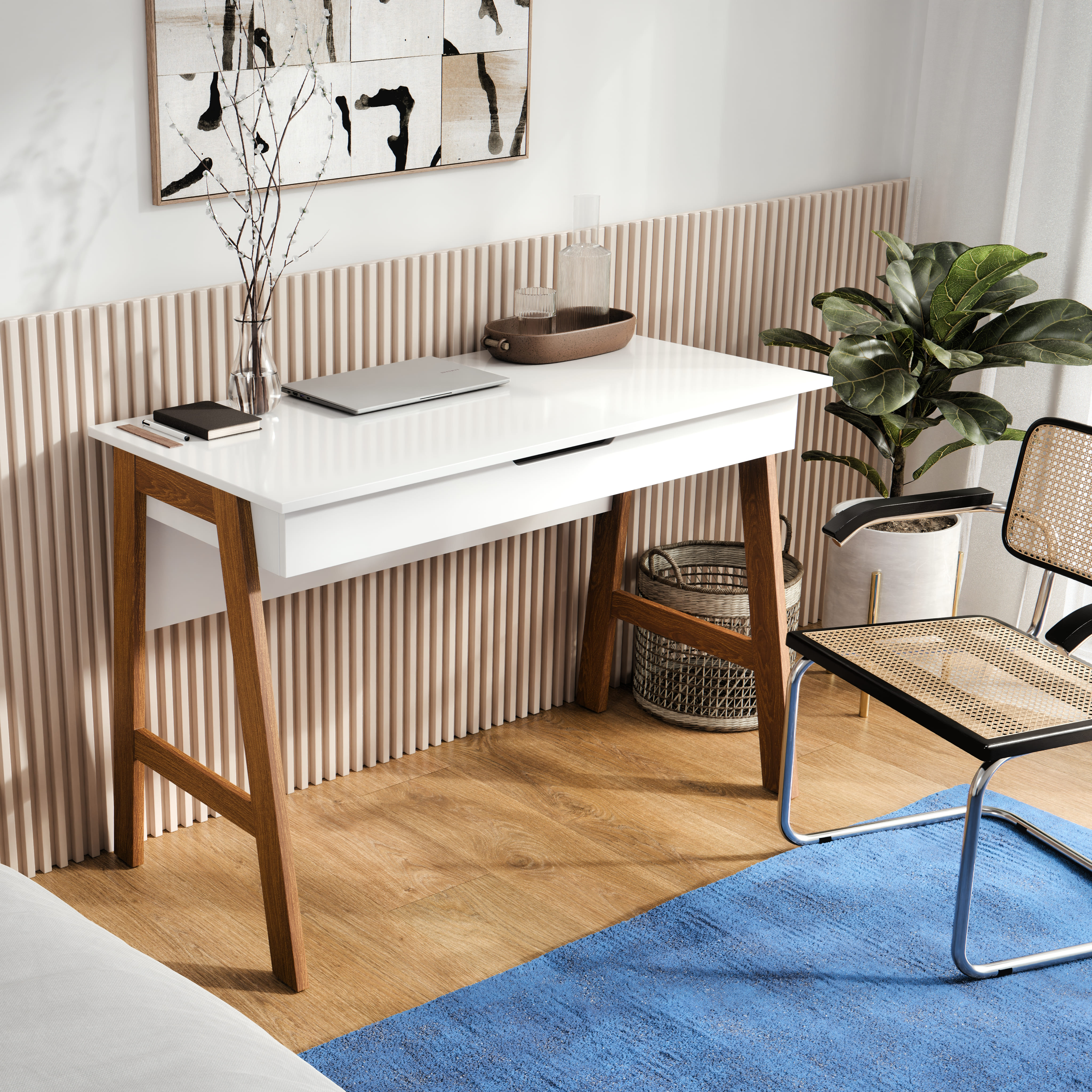 Escrivaninha Parma Branca com Pés de Madeira