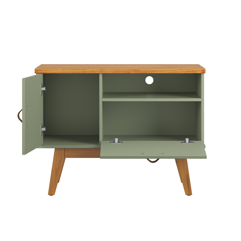 Rack Sirius 2 Portas 90Cm  Pés de Madeira e Puxadores de Couro Alecrim/Cinamomo