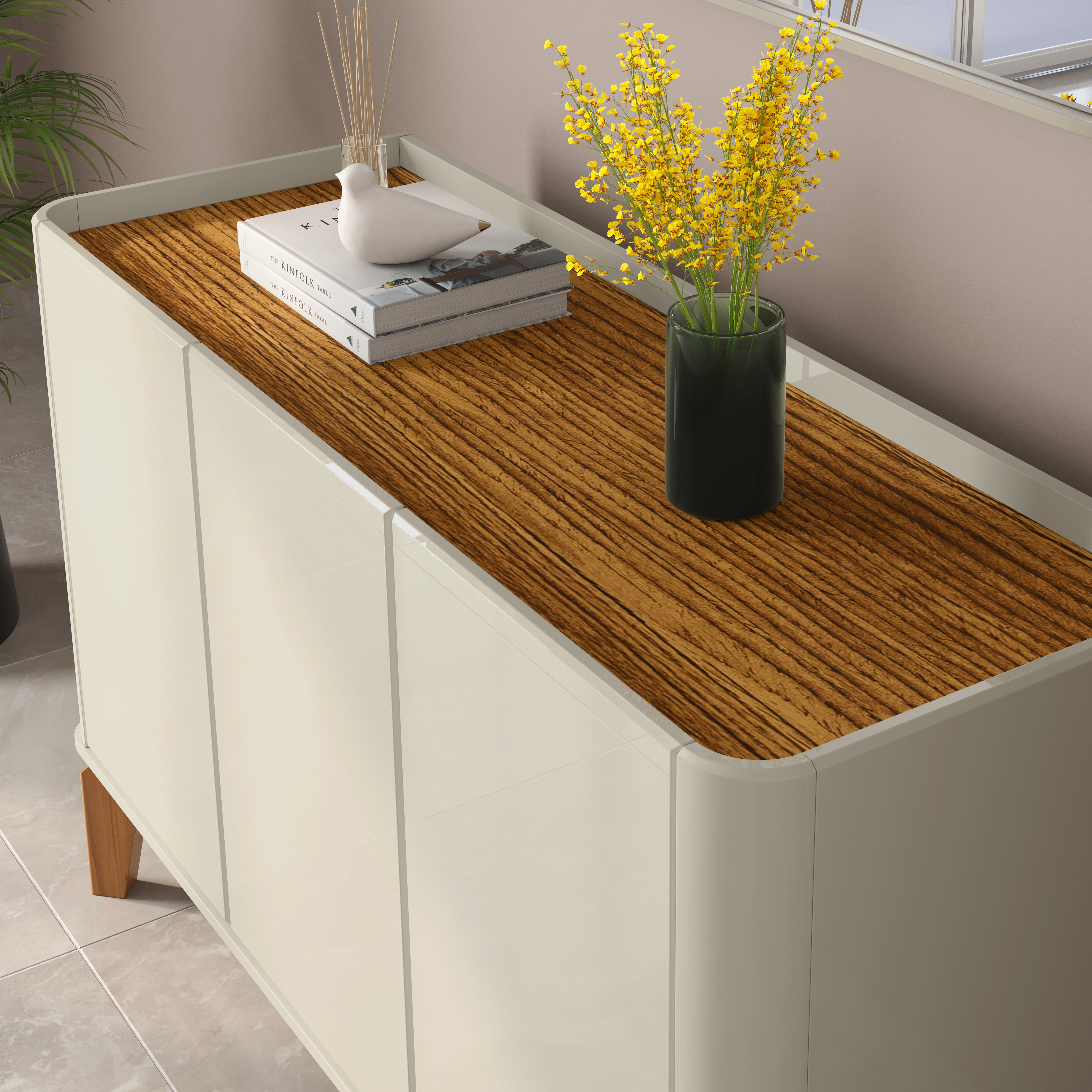 Buffet 3 Portas Flip com Pés De Madeira Maciça Off White/Cumaru