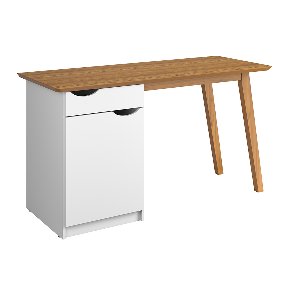 Escrivaninha Com Pés De Madeira Maciça Prism Branco Acetinado/Cumaru