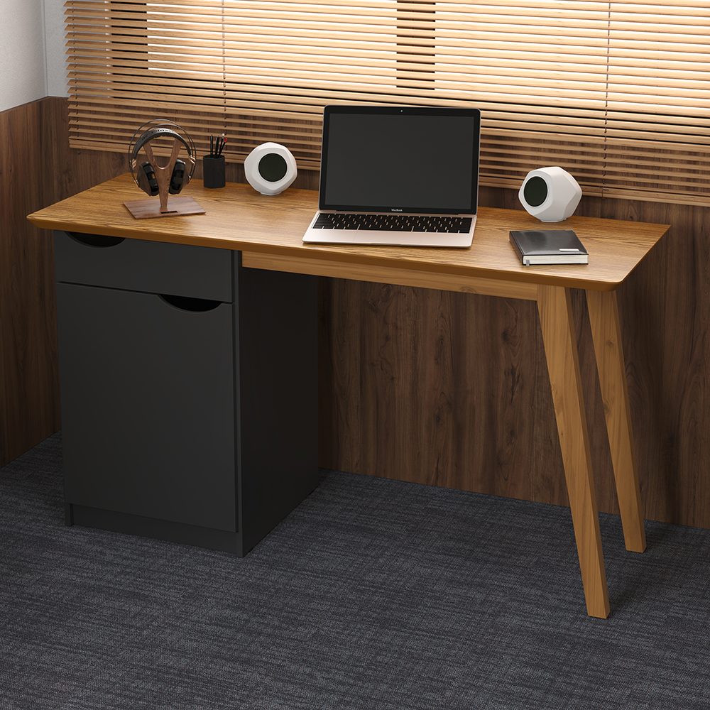 Escrivaninha Com Pés De Madeira Maciça Prism Preto Acetinado/Cumaru