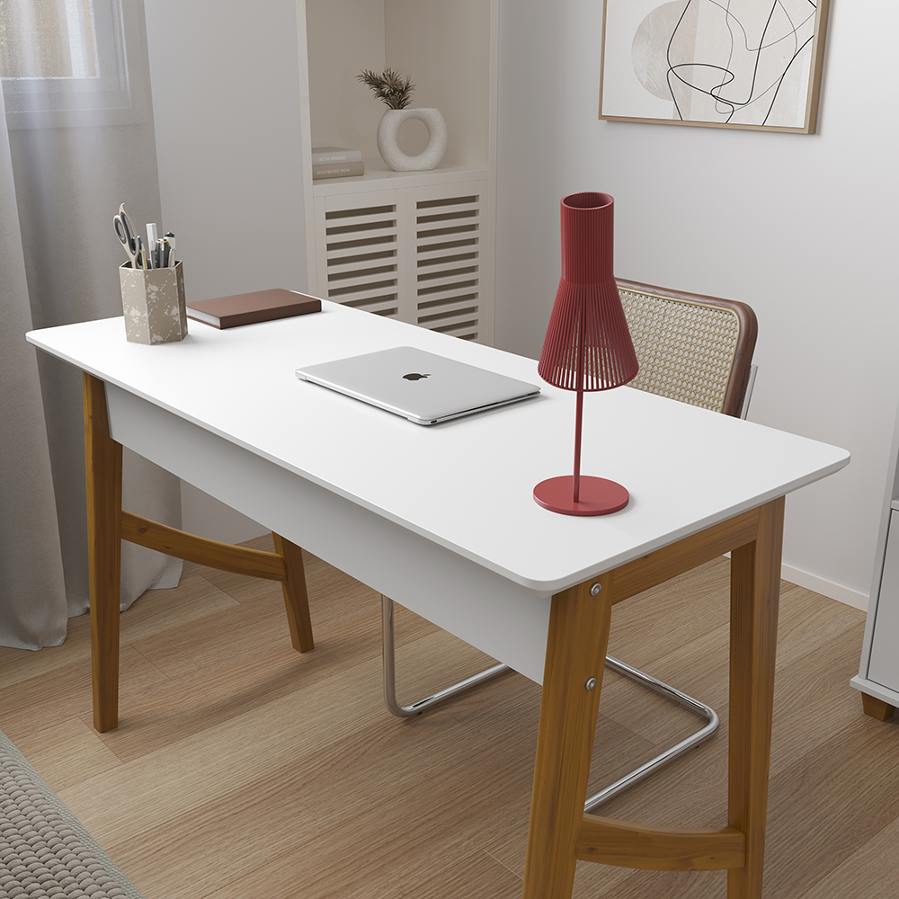 Escrivaninha Taurus Branca Com Pés de Madeira Maciça