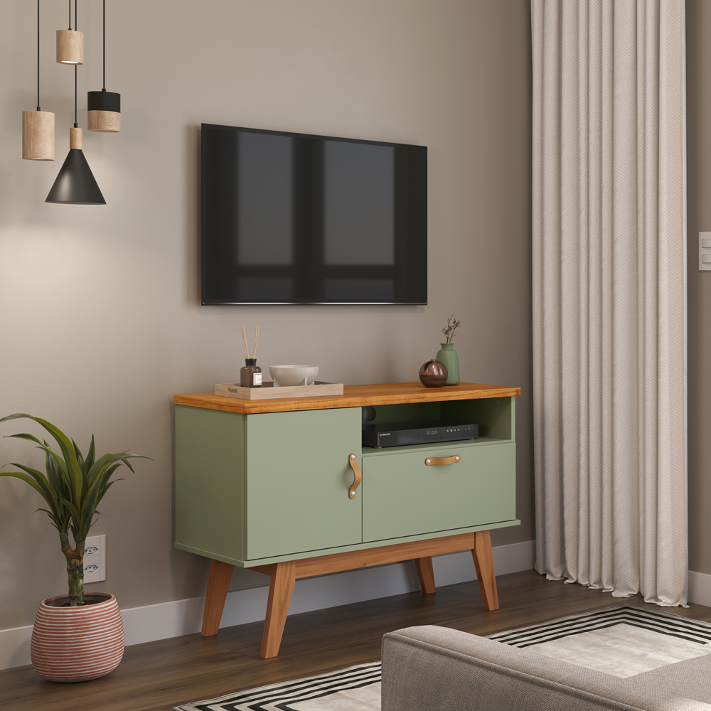 Rack Sirius 2 Portas 90Cm  Pés de Madeira e Puxadores de Couro Alecrim/Cinamomo