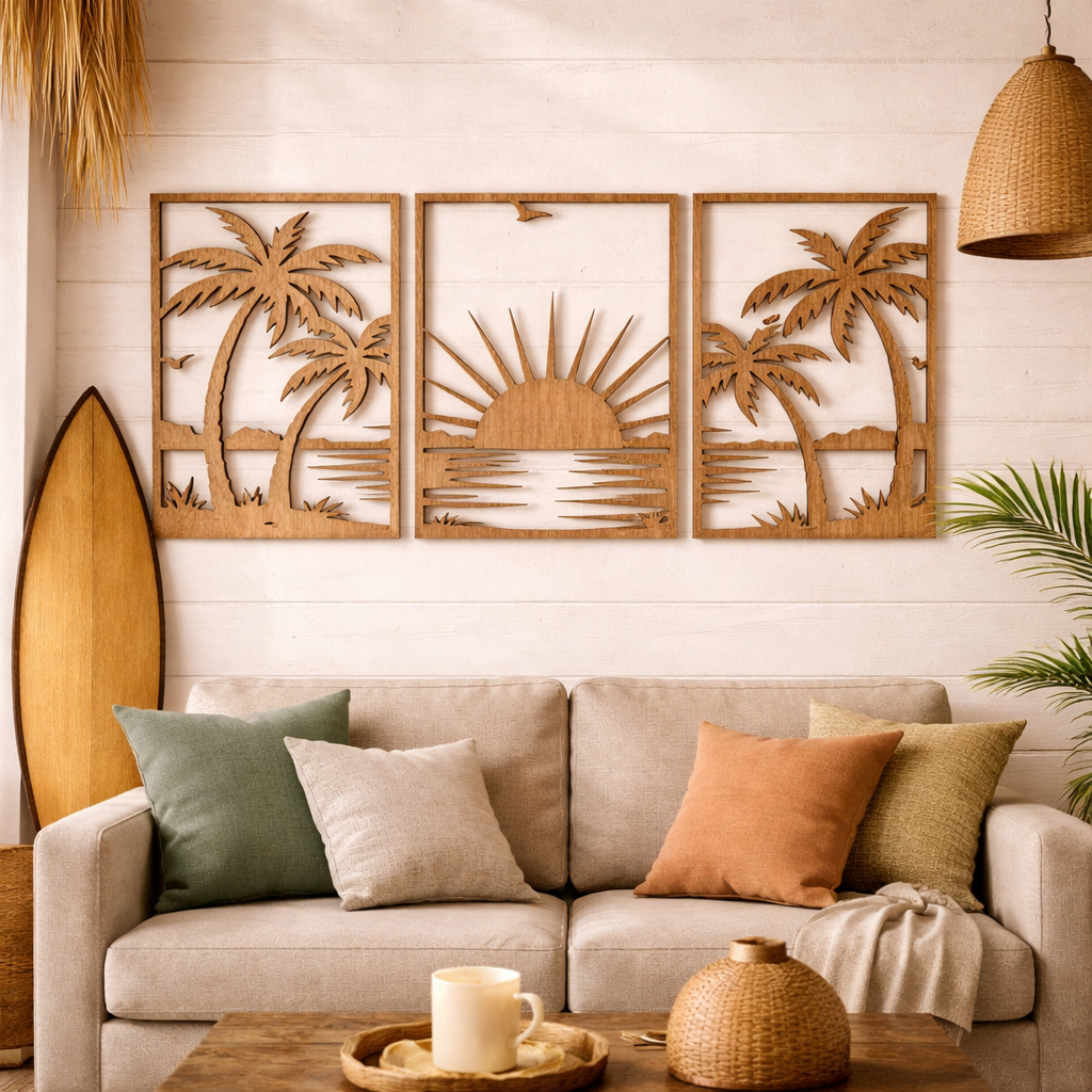Cuadros “Paisaje Tropical” (Set de 3) - Madera natural