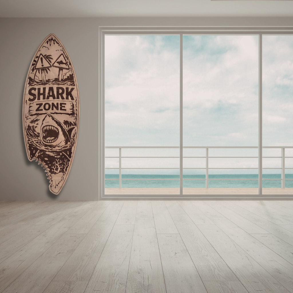 Tabla Surf decorativa de madera "Shark Zone" 
