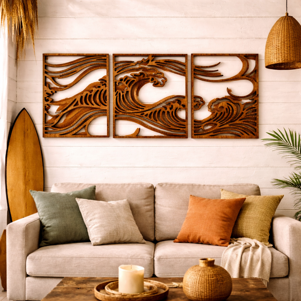 Cuadros “Olas del mar” (Set de 3) - Madera natural