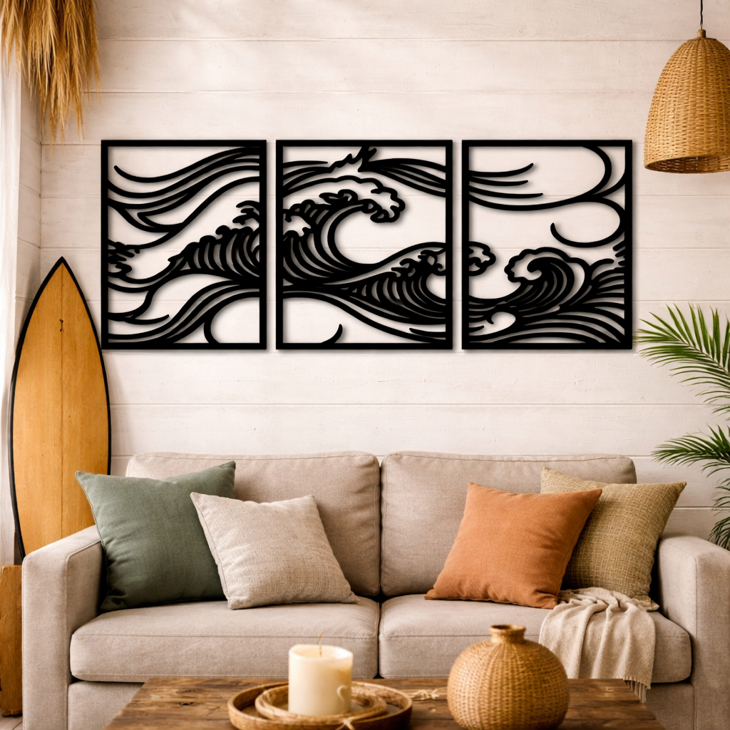 Cuadros “Olas del mar” (Set de 3) - Madera natural