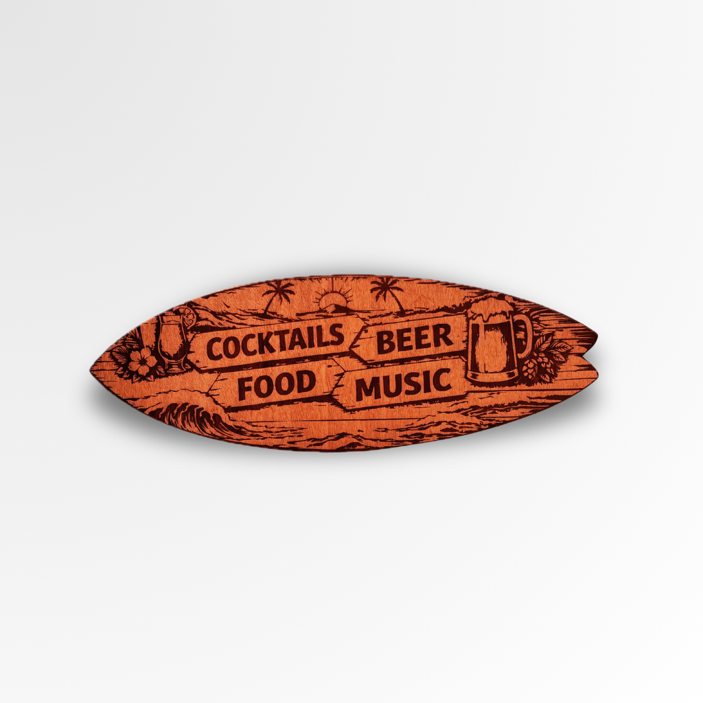Tabla de surf decorativa "Cocktail, Beer, Music & Food" – Madera natural
