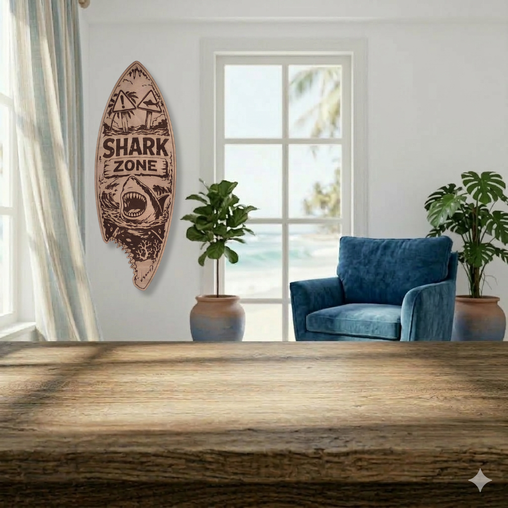 Tabla de surf decorativa "Shark Zone" de madera