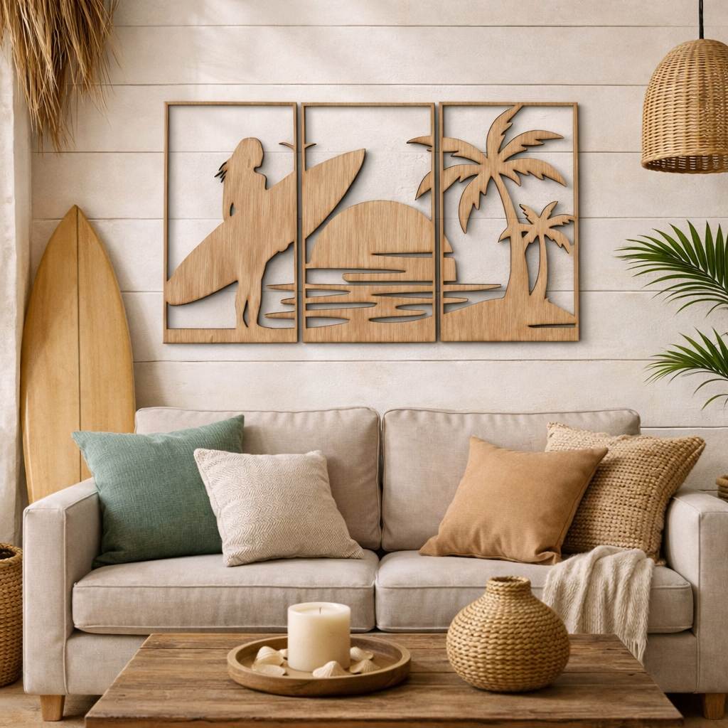 Cuadros “Escena coastal” (Set de 3) - Madera natural