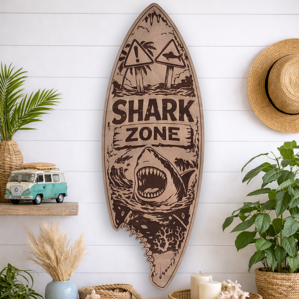 Tabla Surf decorativa de madera "Shark Zone" 