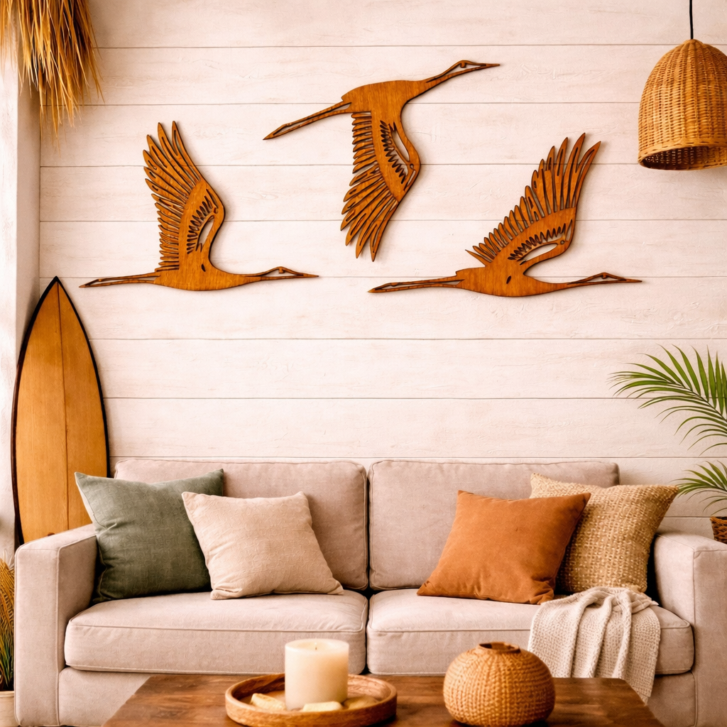 Arte mural "Aves en vuelo" (Set de 3) - Madera natural