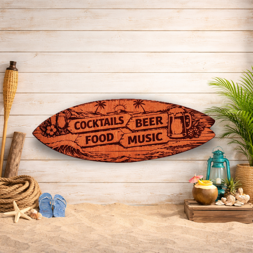 Tabla de surf decorativa "Cocktail, Beer, Music & Food" – Madera natural