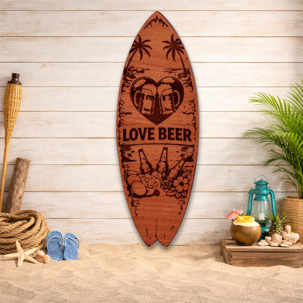 Tabla de surf decorativa "Love Beer" - Madera natural