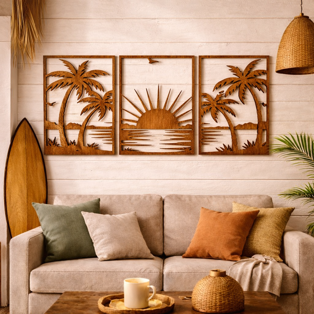 Cuadros “Paisaje Tropical” (Set de 3) - Madera natural