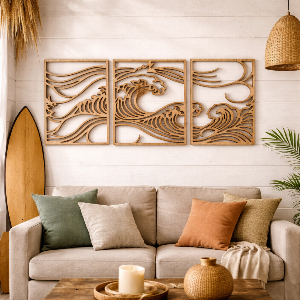 Cuadros “Olas del mar” (Set de 3) - Madera natural