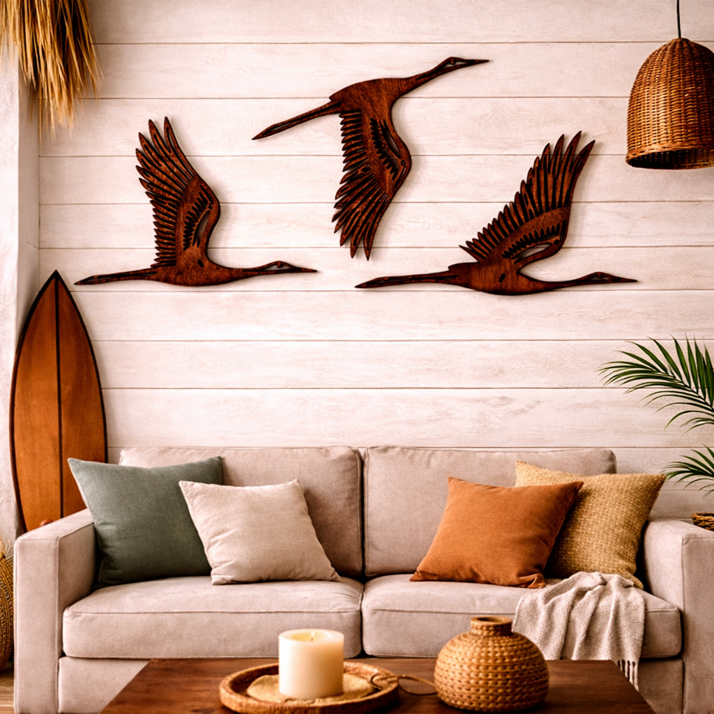 Arte mural "Aves en vuelo" (Set de 3) - Madera natural