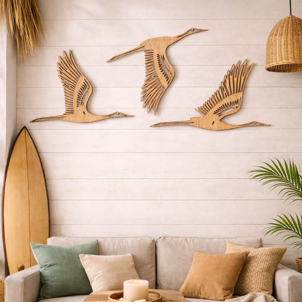 Arte mural "Aves en vuelo" (Set de 3) - Madera natural