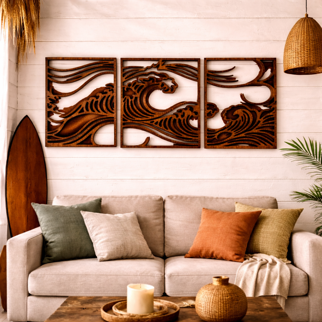 Cuadros “Olas del mar” (Set de 3) - Madera natural
