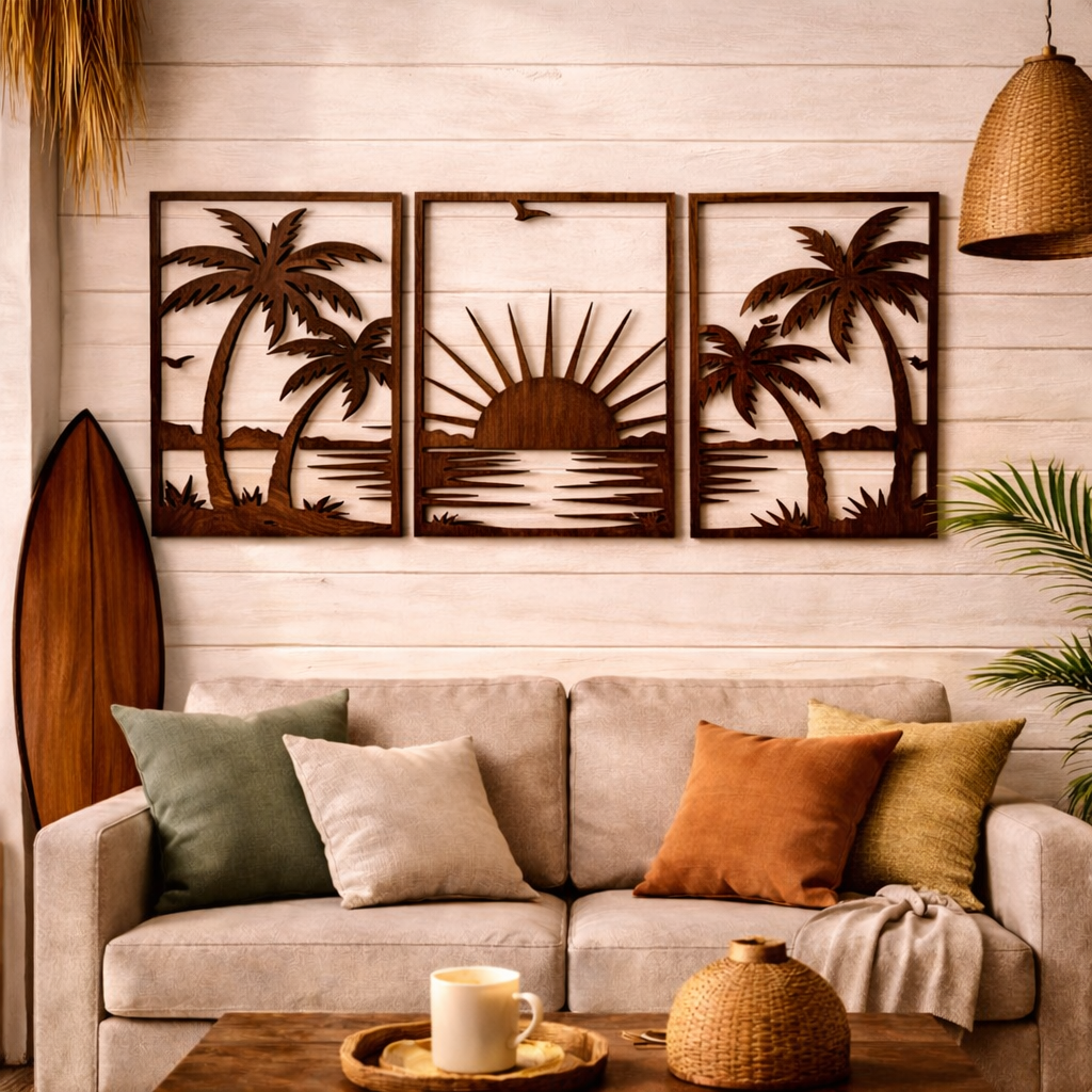 Cuadros “Paisaje Tropical” (Set de 3) - Madera natural