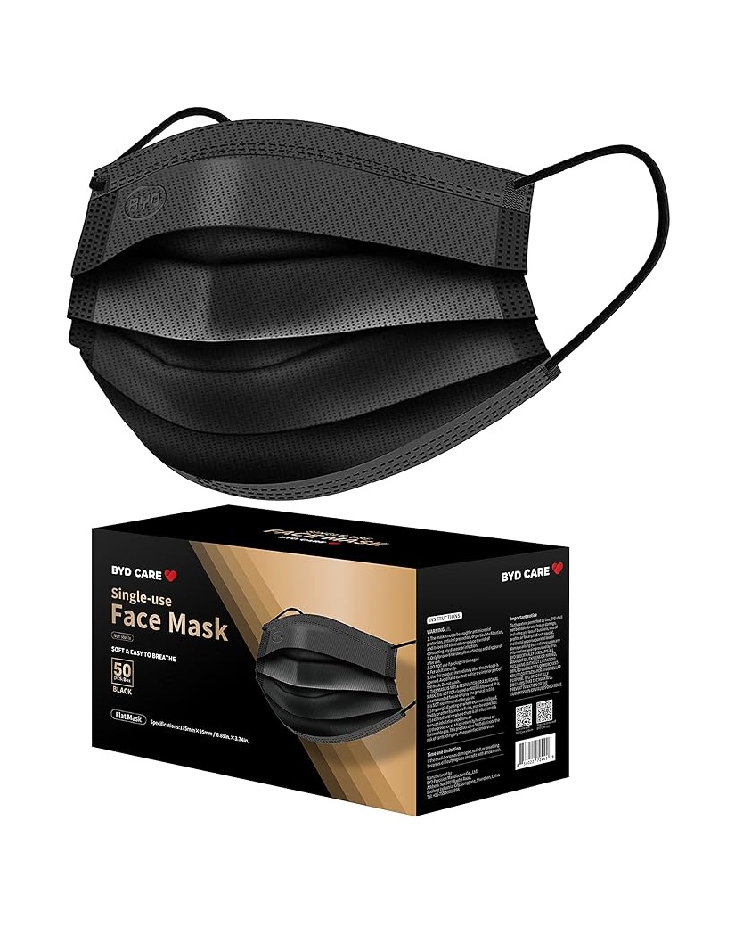 BYD CARE 3-Ply Black Color Single-use Face Mask, Box of 50 PCs