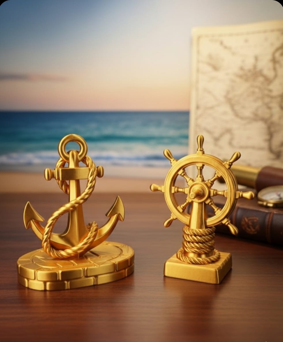 Yakamoz 3d Premium Deniz Temalı Dekoratif Obje Seti –Gold-Silver-Bronz Çapa & Dümen Masa Üstü Tasarım Aksesuar