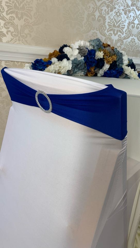 Elegant Chair Cover with Royal Blue Sash