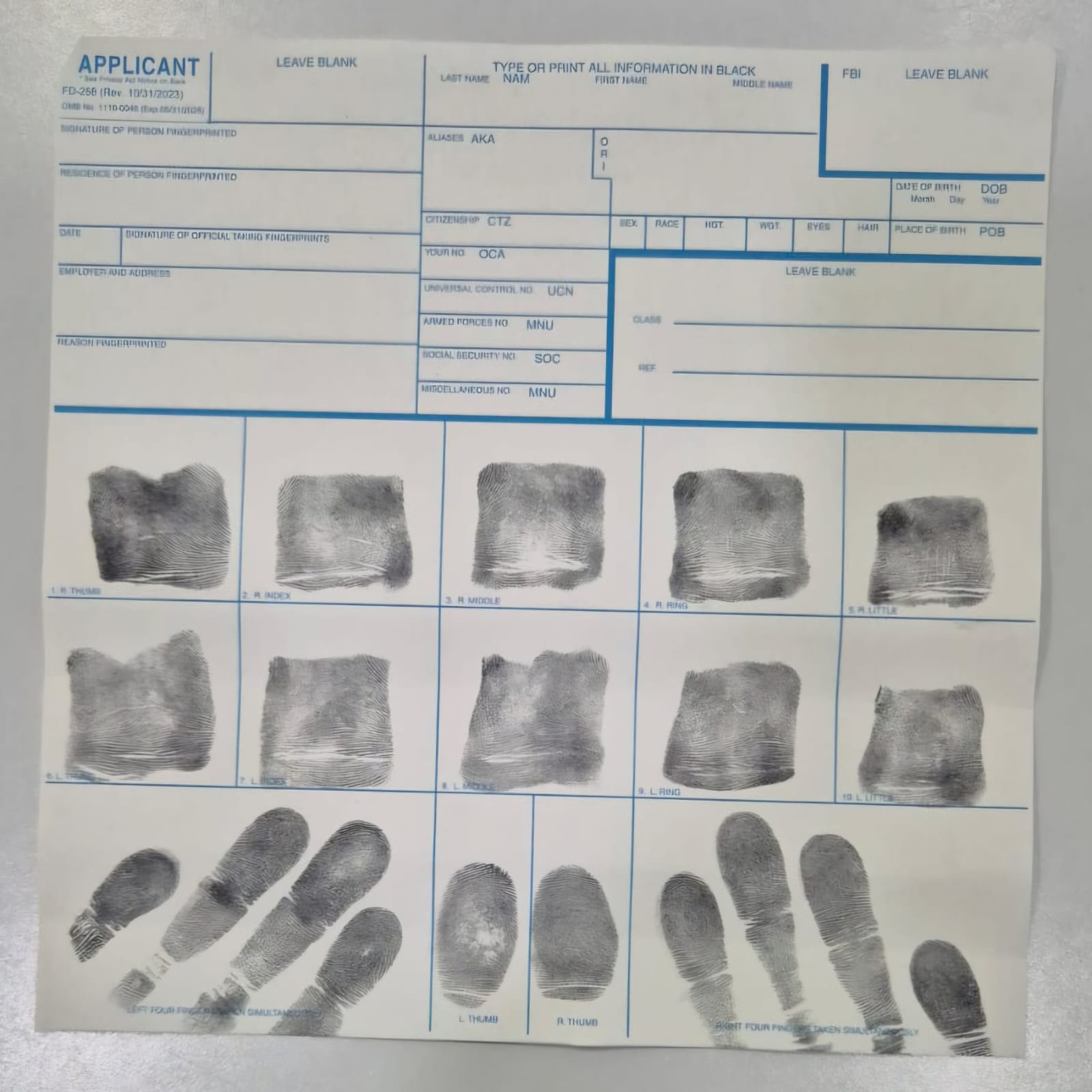 Ink Card Fingerprinting