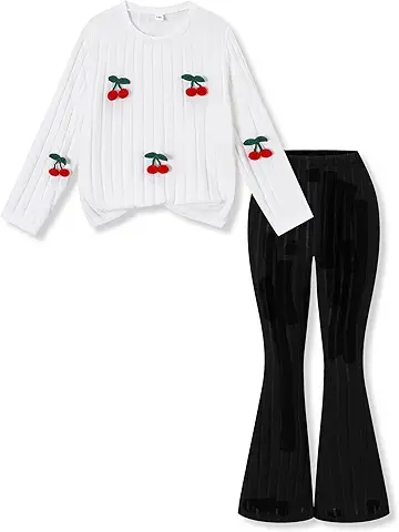 Cherry Embroidered Sweater & Flared Pants Set