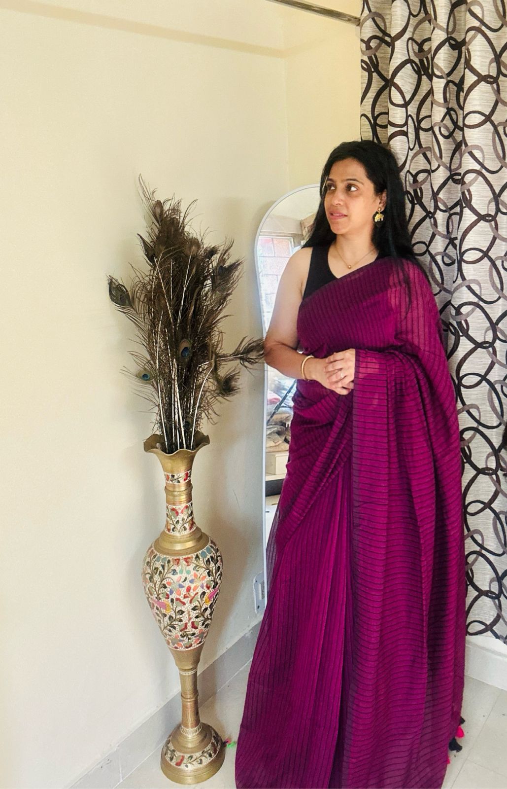 Magenta Stripped Mulmul Saree