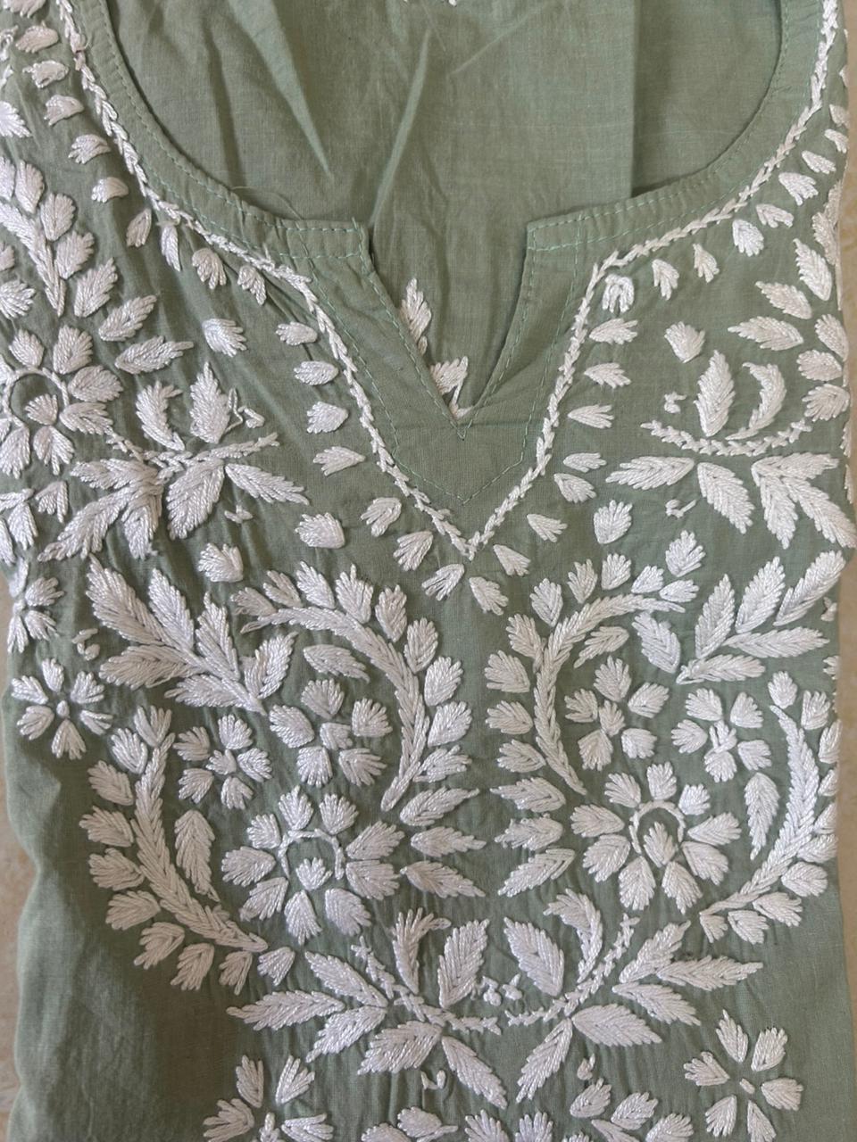 Green Embroidered Cotton Kurti Set