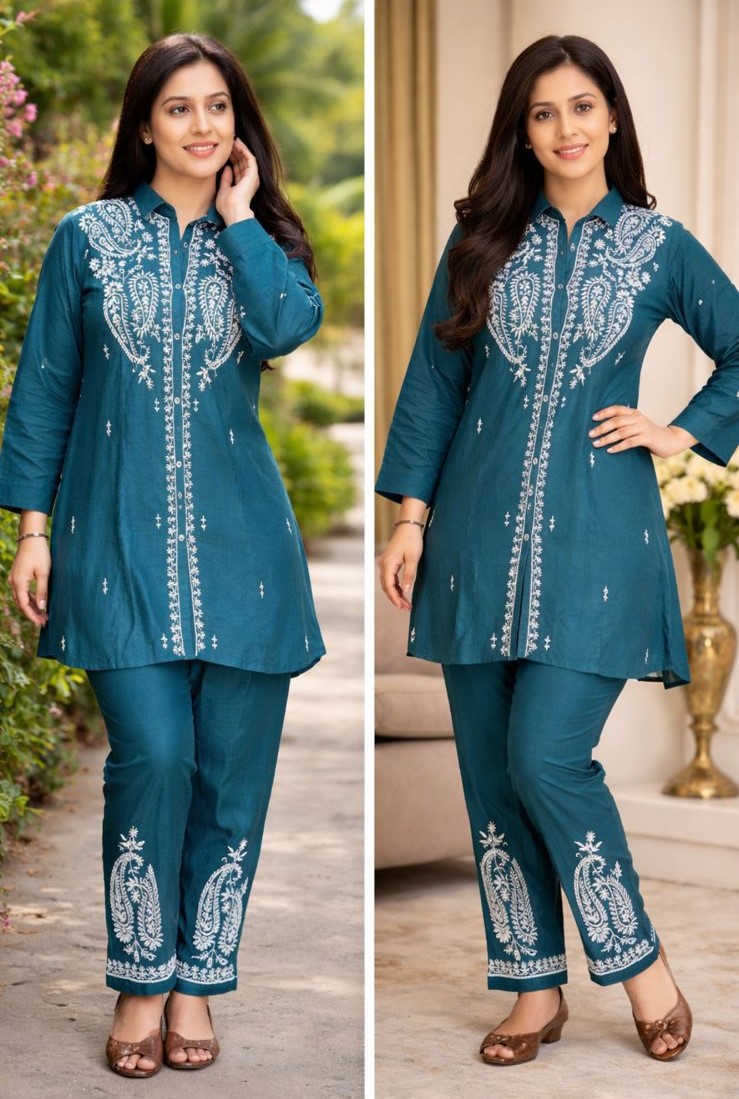 Embroidered Teal Kurti Cotton Blend Co-Ord Set