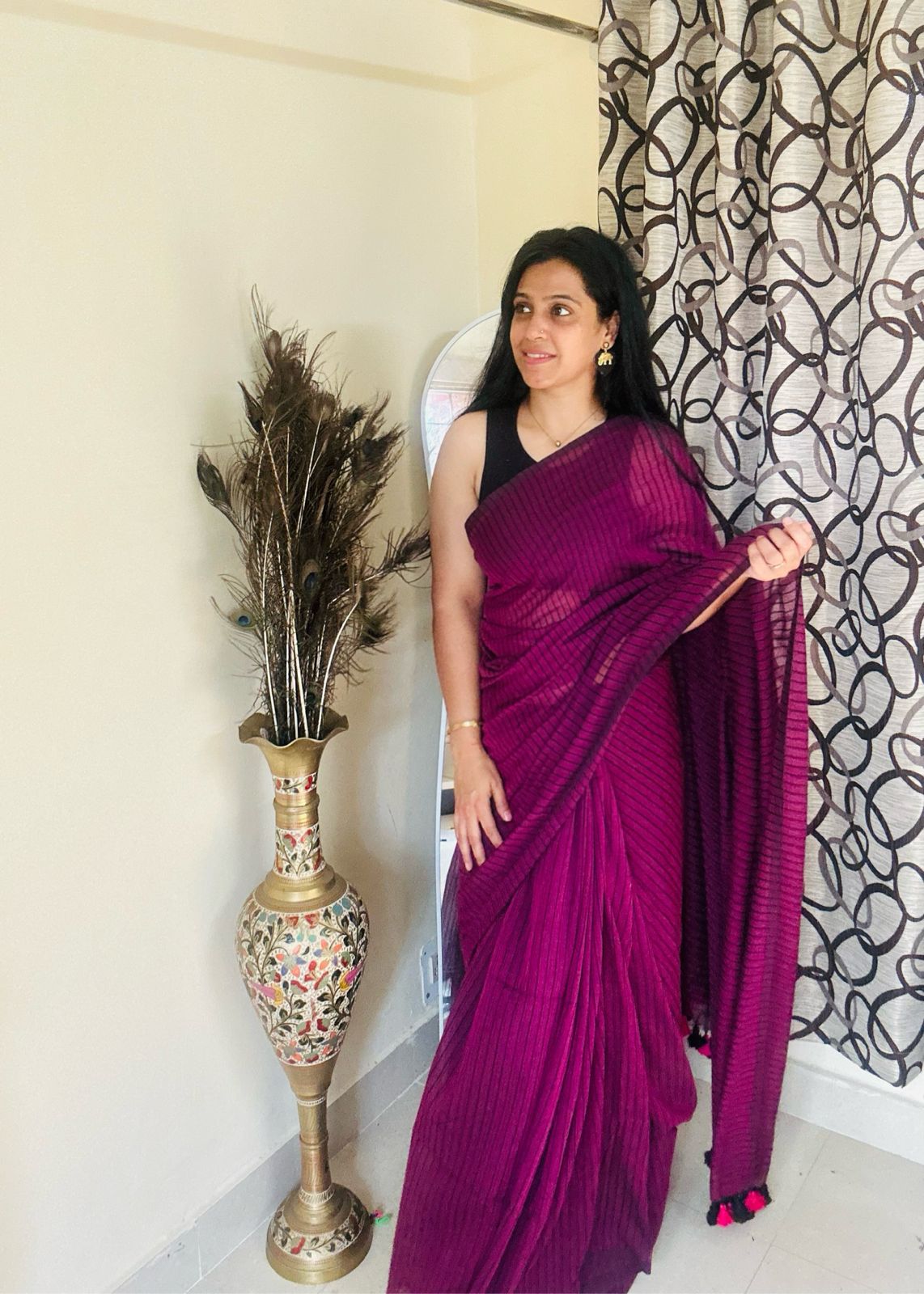 Magenta Stripped Mulmul Saree