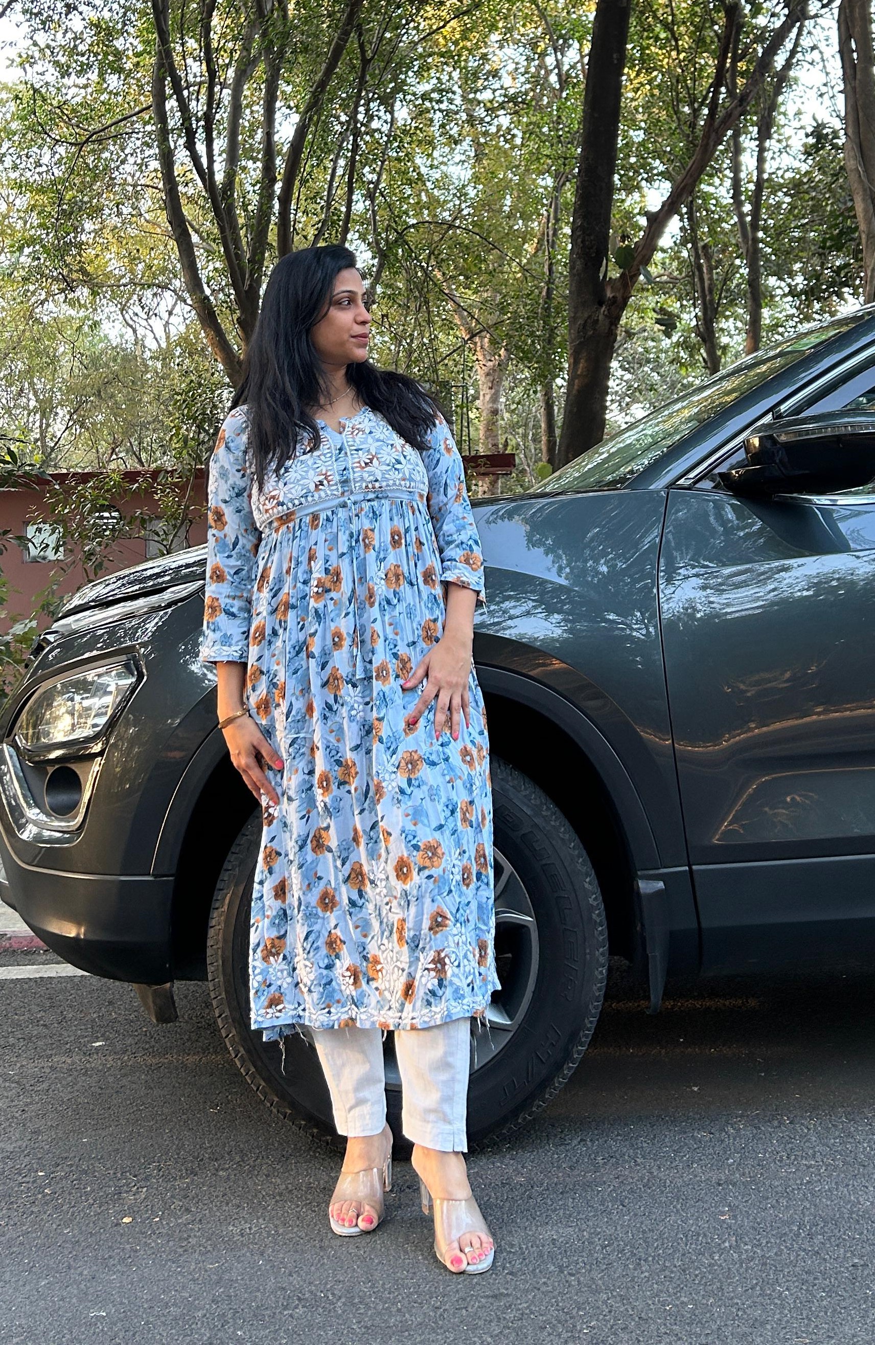A Line Cut Chikankari Kurti With Adjustable Strap