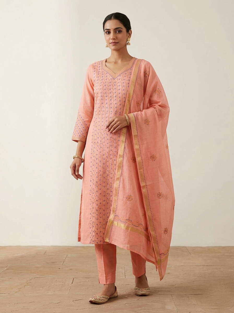 Peach Ethnic unstitched Kurta Set