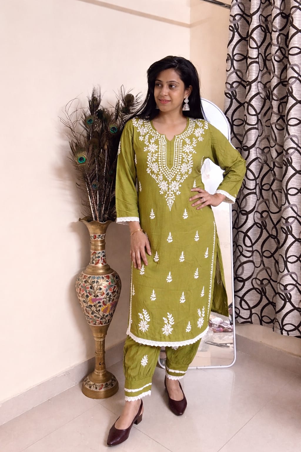Green Modal Afghani Embroidered Kurti-Dhoti