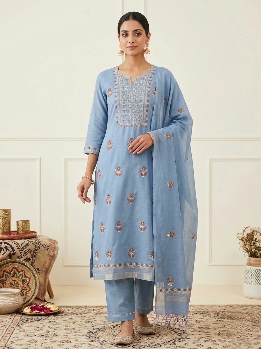 Light Blue Embroidered unstitched Suit Set